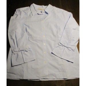 Belle by Kim Gravel Blue w/White Stripes Button Shirt Ruffle Sleeves SZ L NWOT